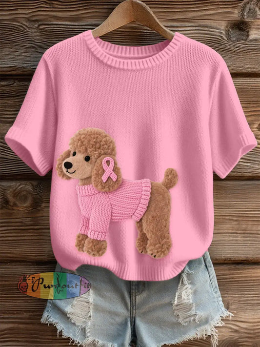 Women’s Lovely Poodle Dog Pattern Felt Art Cozy Knit Top Pink / S