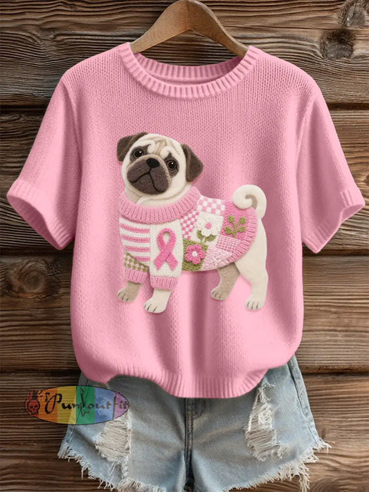 Women’s Lovely Pug Felt Art Cozy Knit Top Pink / S