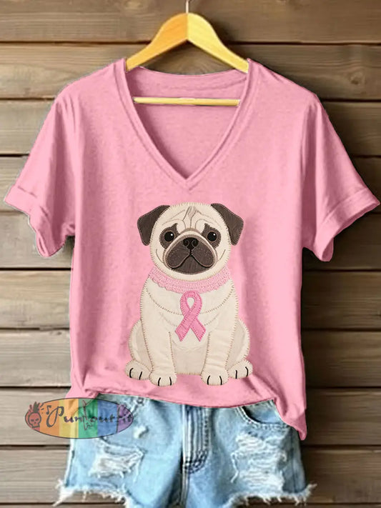 Women’s Lovely Pug Patchwork Art V Neck T Shirt Pink / S