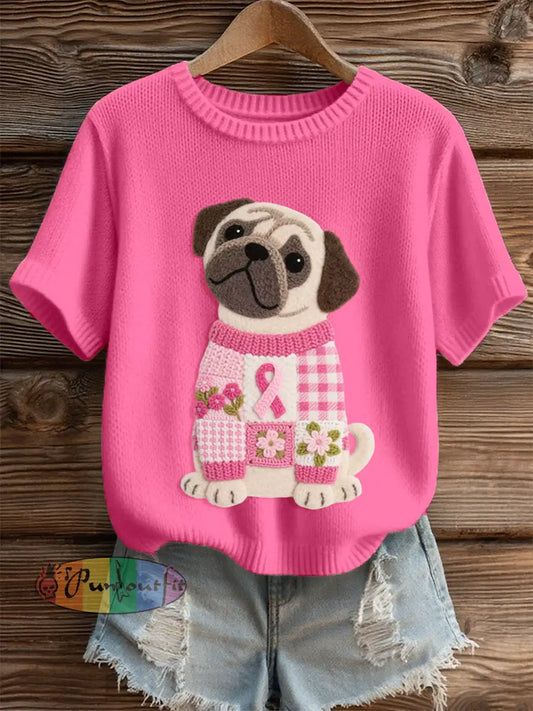 Women’s Lovely Pug Pattern Felt Art Cozy Knit Top Pink / S