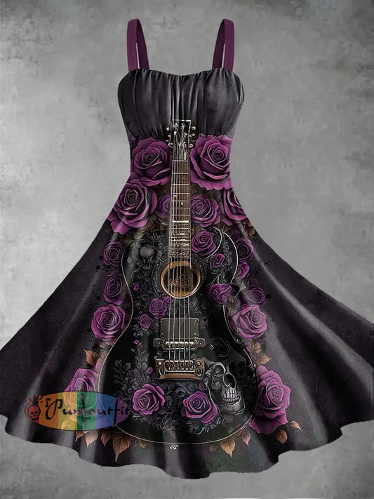 Women’s Music Guitar Skull Printed Sleeveless Camisole Dress Gray-Purple / S
