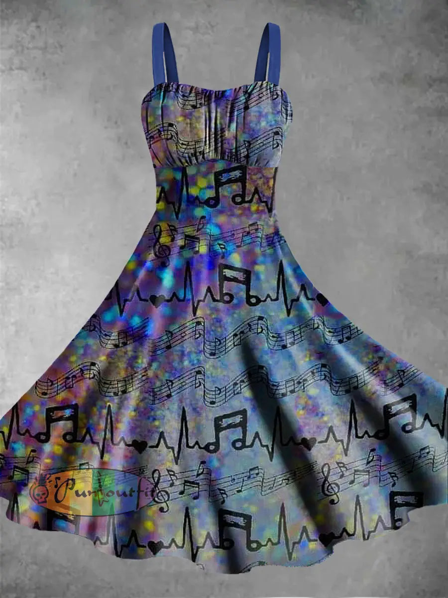 Women’s Music Note Printed Sleeveless Camisole Dress Blue / S
