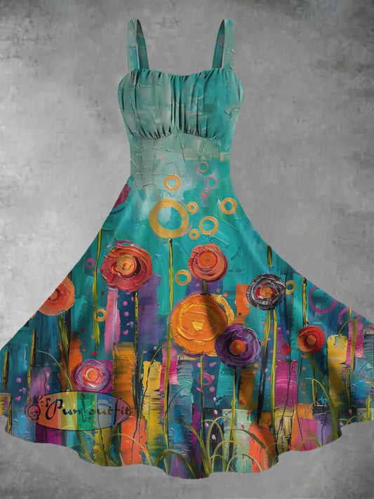Women’s Oil Painting Abstract Print Slip Dress Blue / S