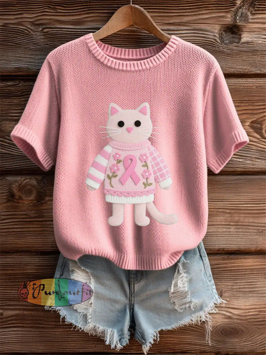 Women’s Pink Breast Cancer Awareness Kitten T Shirt Pink / S