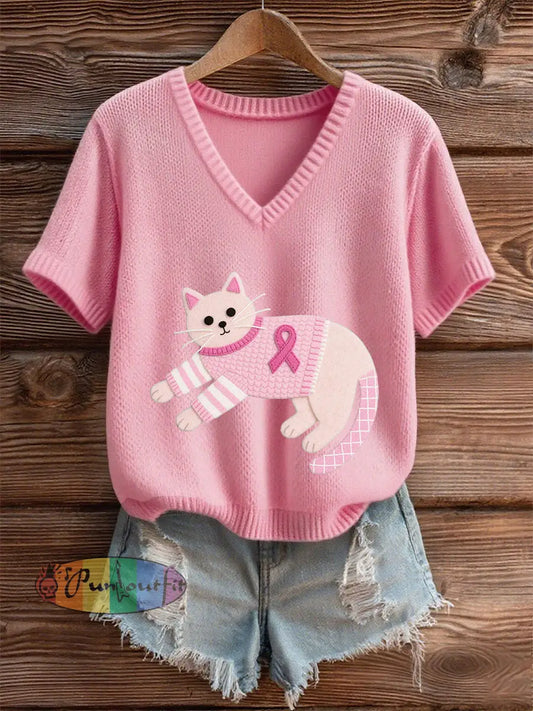 Women’s Pink Breast Cancer Awareness Kitten T Shirt Pink / S