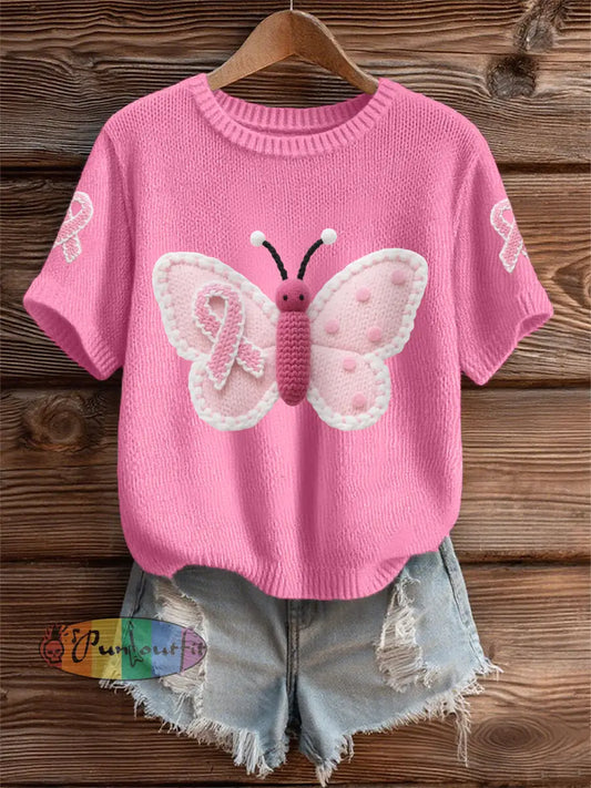 Women’s Pink Butterfly Pink Ribbon Breast Cancer Awareness Support Tee Dark Pink / S