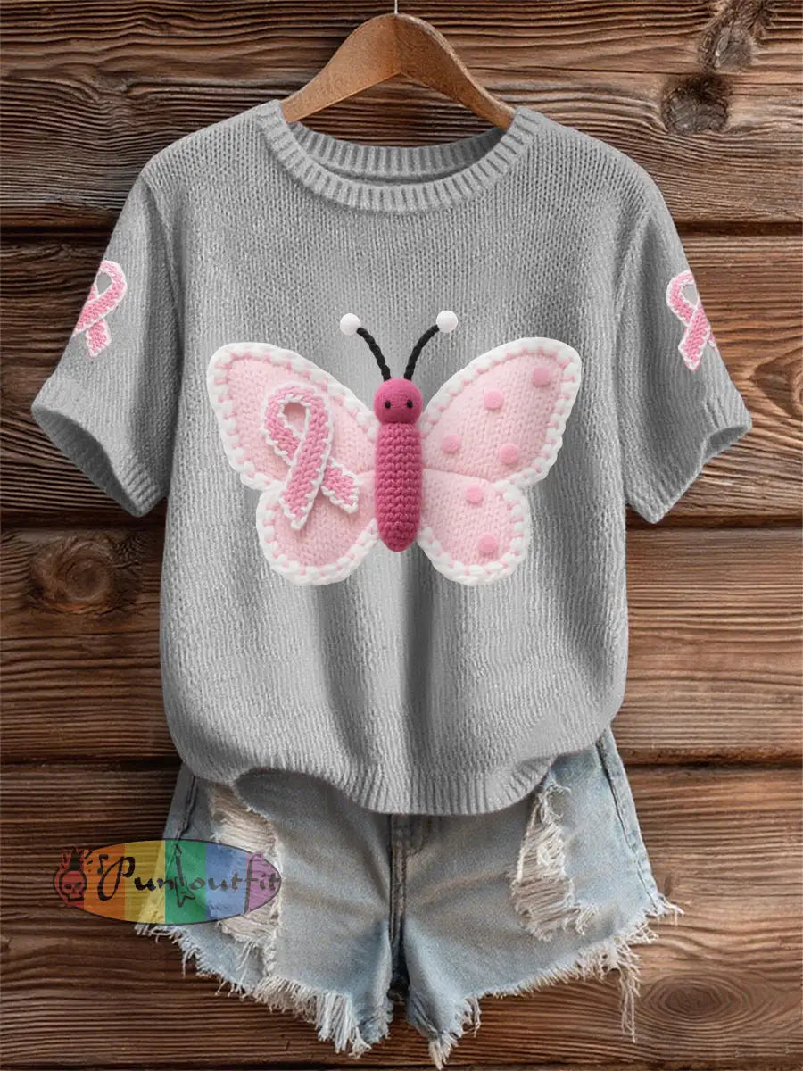 Women’s Pink Butterfly Pink Ribbon Breast Cancer Awareness Support Tee Gray / S