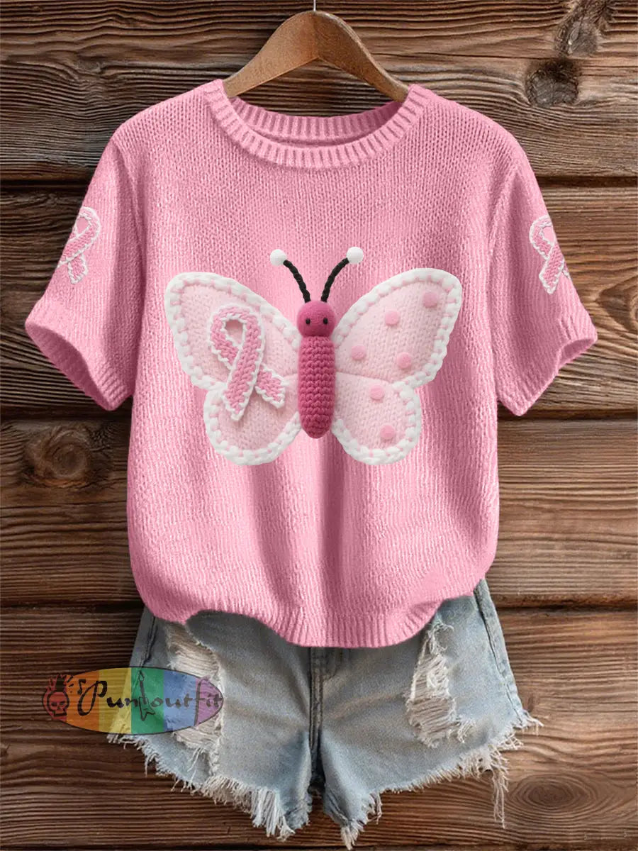 Women’s Pink Butterfly Pink Ribbon Breast Cancer Awareness Support Tee Pink / S