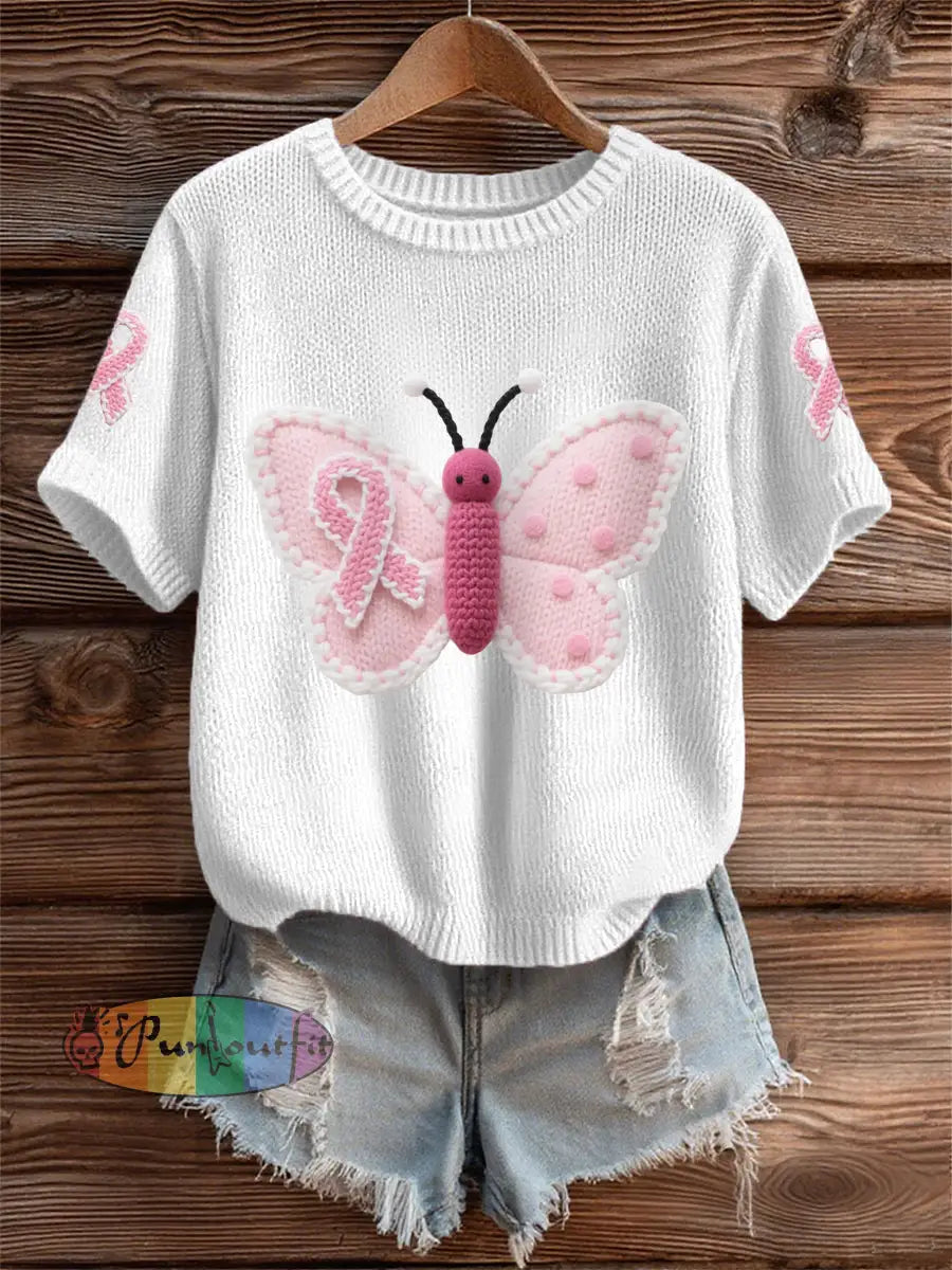 Women’s Pink Butterfly Pink Ribbon Breast Cancer Awareness Support Tee White / S