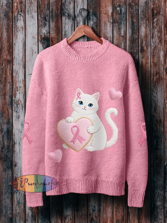 Women’s Pink Cat Pink Ribbon Breast Cancer Awareness Support Sweater Pink / S