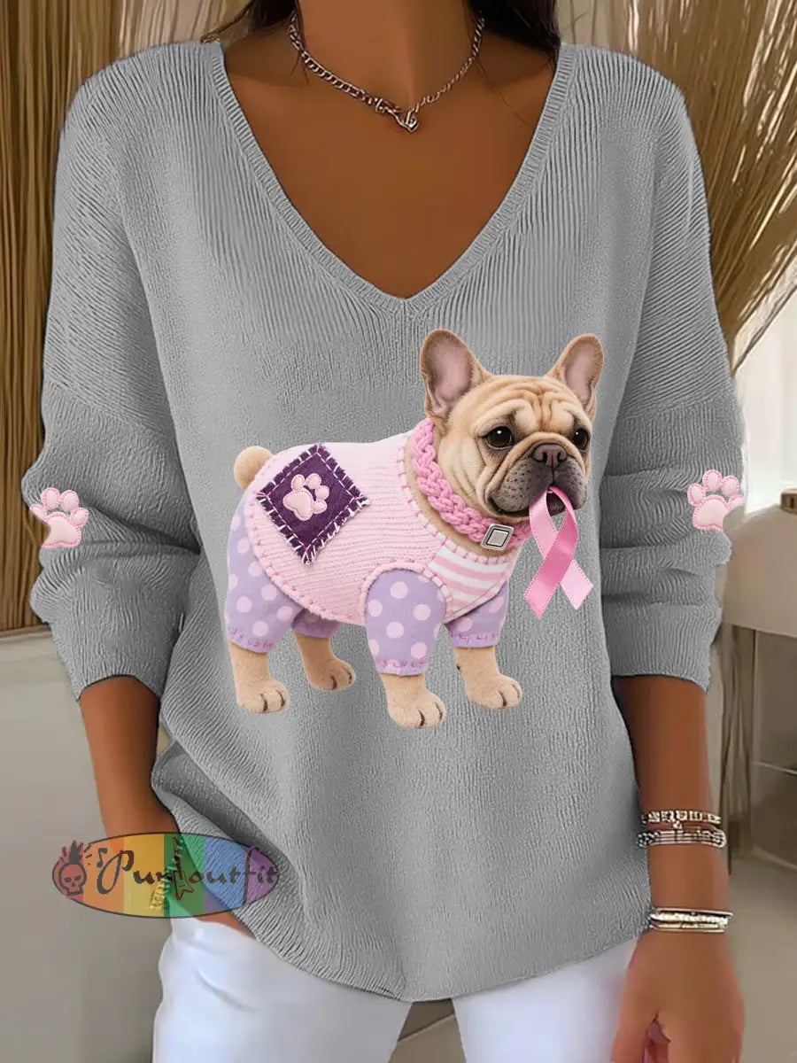 Women’s Pink Dog Pink Ribbon Breast Cancer Awareness Support Long Sleeve Top Gray / S
