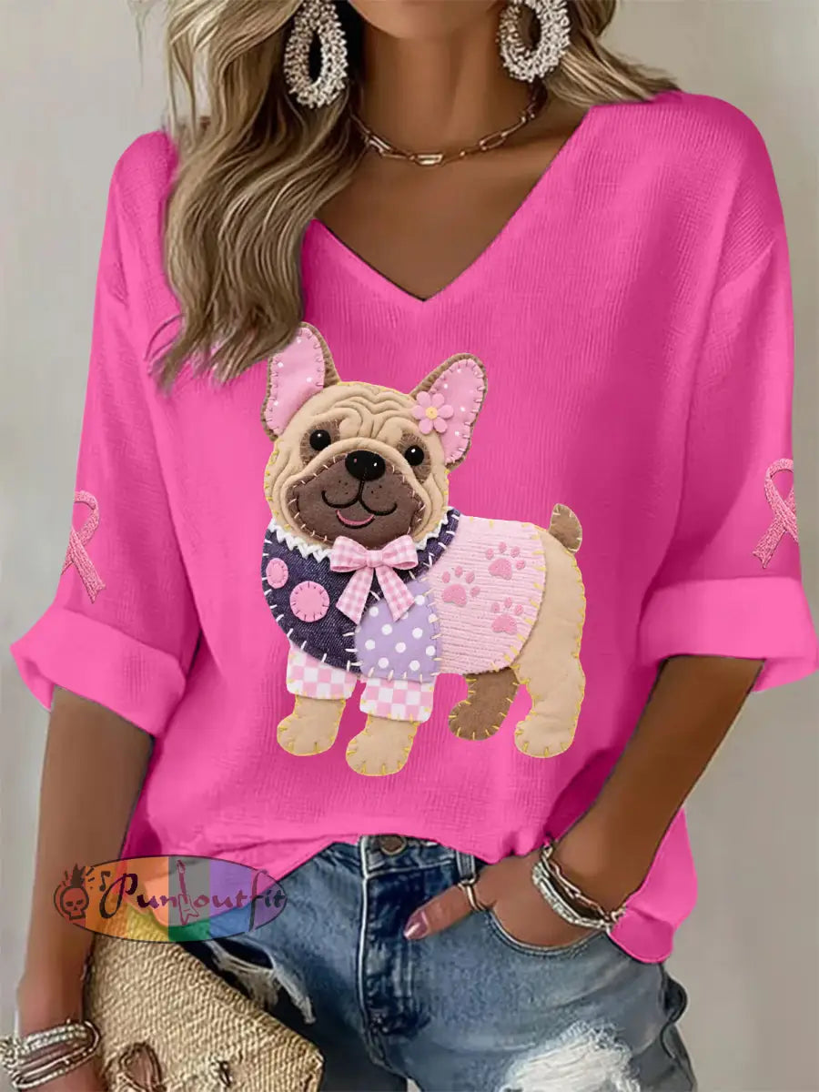Women’s Pink Dog Pink Ribbon Breast Cancer Awareness Support Long Sleeve Top Rose Red / S