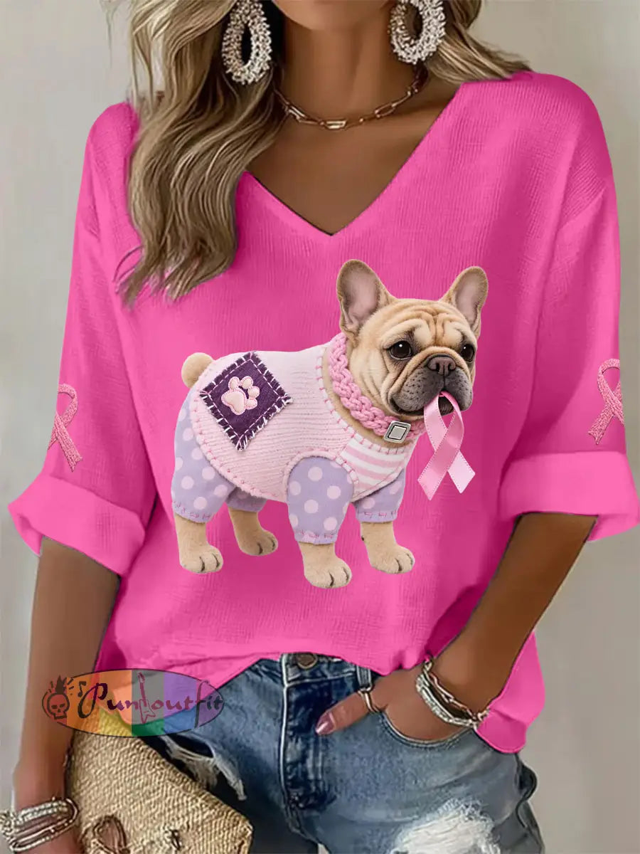 Women’s Pink Dog Pink Ribbon Breast Cancer Awareness Support Long Sleeve Top Rose Red / S
