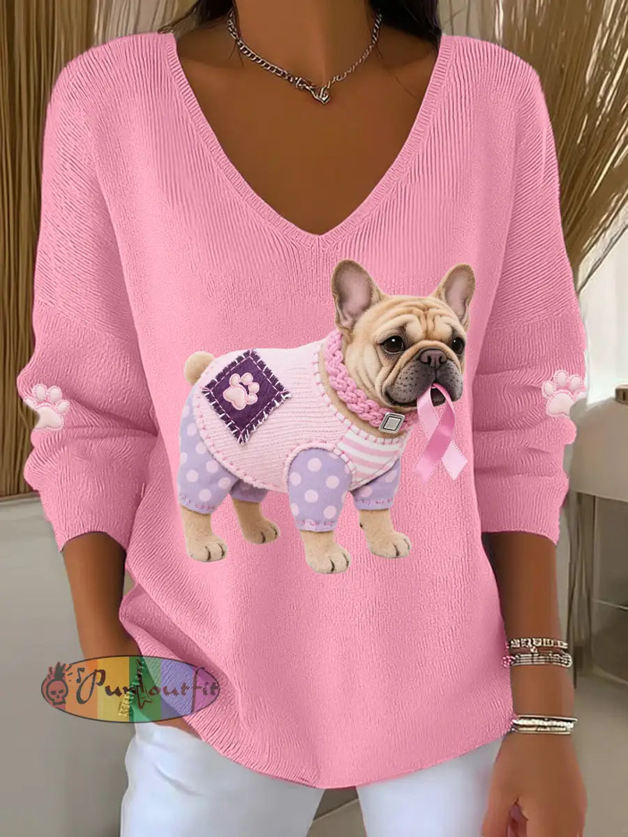 Women’s Pink Dog Pink Ribbon Breast Cancer Awareness Support Long Sleeve Top Pink / S
