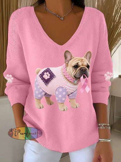 Women’s Pink Dog Pink Ribbon Breast Cancer Awareness Support Long Sleeve Top Pink / S
