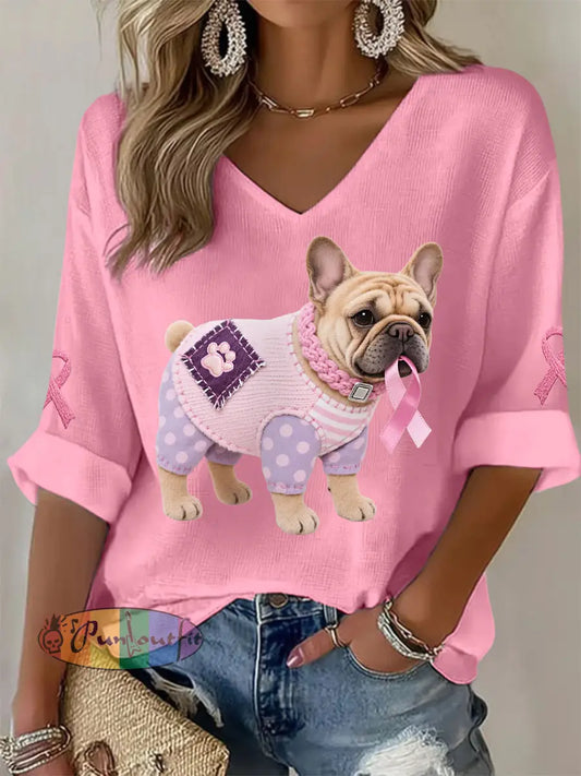 Women’s Pink Dog Pink Ribbon Breast Cancer Awareness Support Long Sleeve Top Pink / S