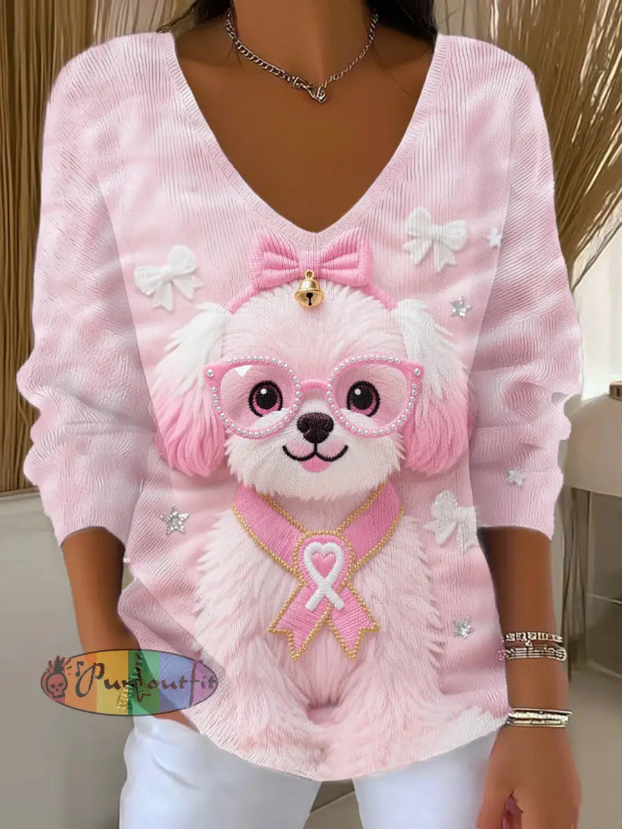 Women’s Pink Dog Pink Ribbon Breast Cancer Awareness Support Long Sleeve Top Pink / S