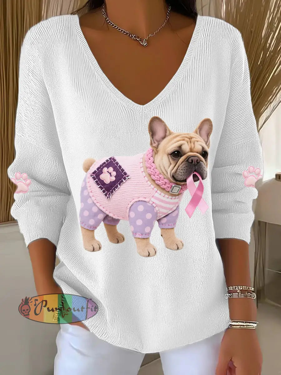 Women’s Pink Dog Pink Ribbon Breast Cancer Awareness Support Long Sleeve Top White / S