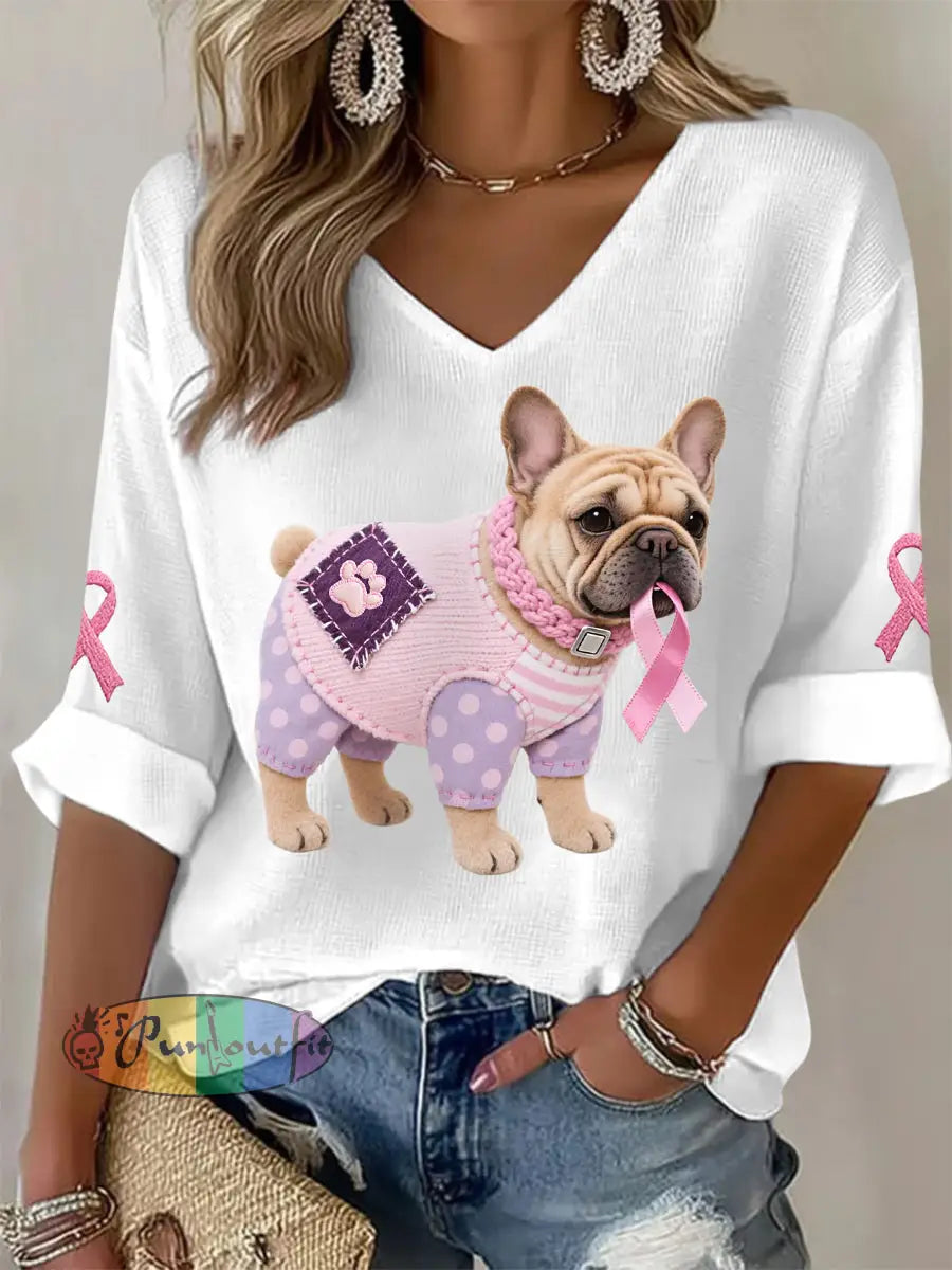 Women’s Pink Dog Pink Ribbon Breast Cancer Awareness Support Long Sleeve Top White / S
