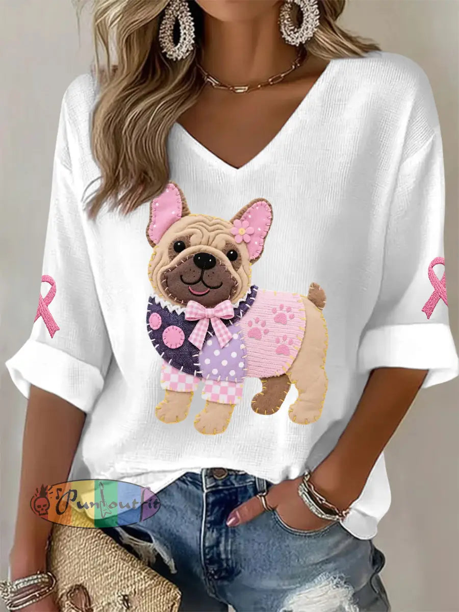 Women’s Pink Dog Pink Ribbon Breast Cancer Awareness Support Long Sleeve Top White / S