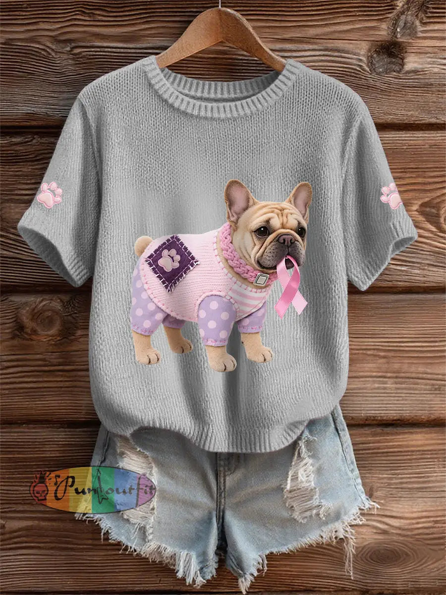 Women’s Pink Dog Pink Ribbon Breast Cancer Awareness Support Tee Gray / S