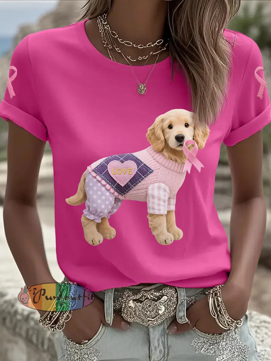 Women’s Pink Dog Pink Ribbon Breast Cancer Awareness Support Tee Rose Red / S