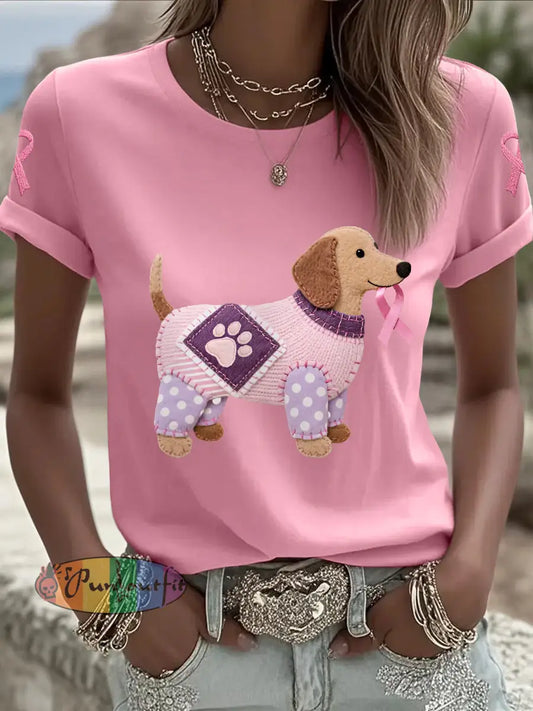 Women’s Pink Dog Pink Ribbon Breast Cancer Awareness Support Tee Pink / S