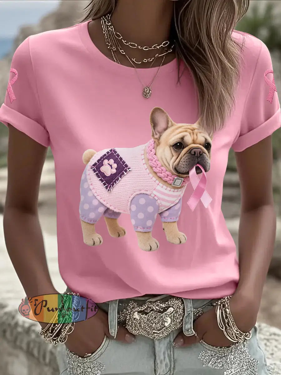 Women’s Pink Dog Pink Ribbon Breast Cancer Awareness Support Tee Pink / S