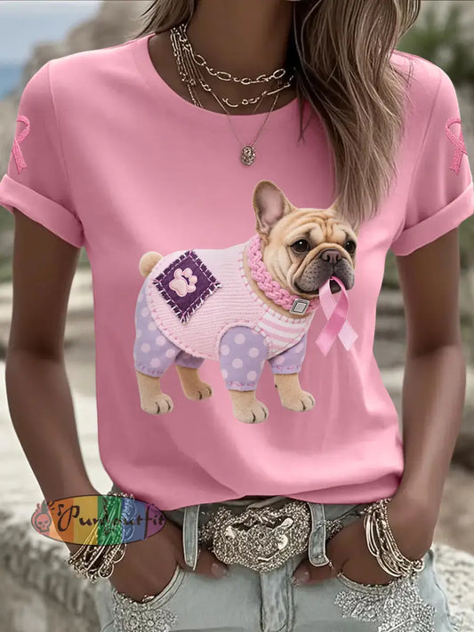 Women’s Pink Dog Pink Ribbon Breast Cancer Awareness Support Tee Pink / S