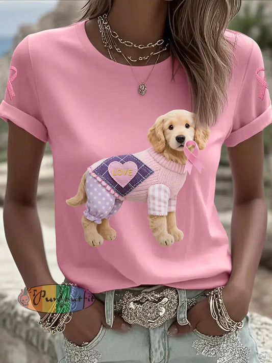 Women’s Pink Dog Pink Ribbon Breast Cancer Awareness Support Tee Pink / S