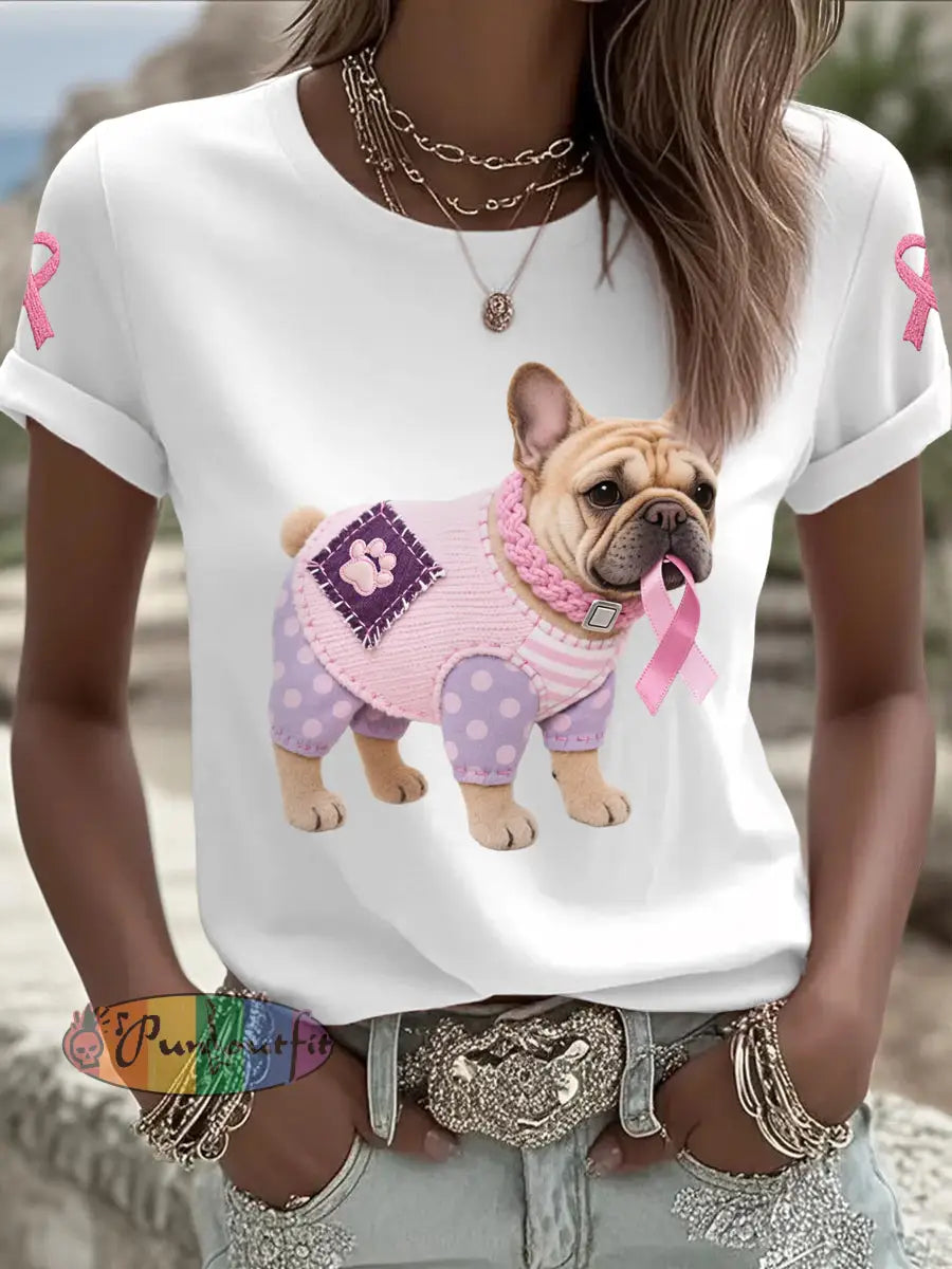 Women’s Pink Dog Pink Ribbon Breast Cancer Awareness Support Tee White / S