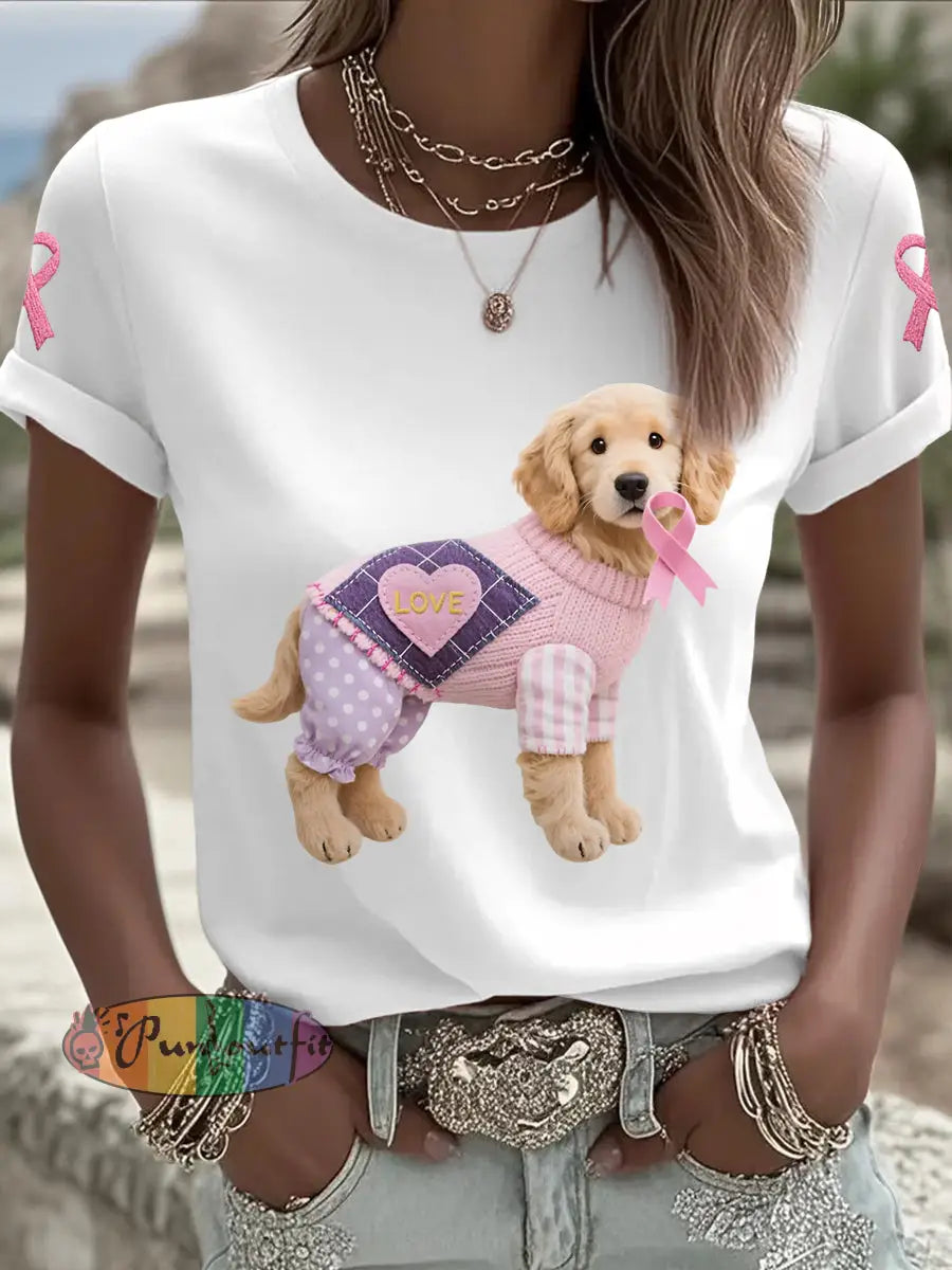 Women’s Pink Dog Pink Ribbon Breast Cancer Awareness Support Tee White / S