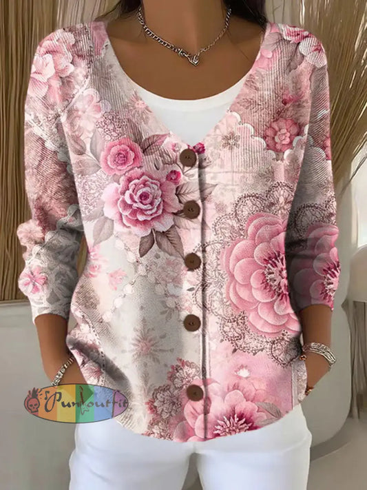 Women’s Pink Floral Print Casual Cardigan Pink / S