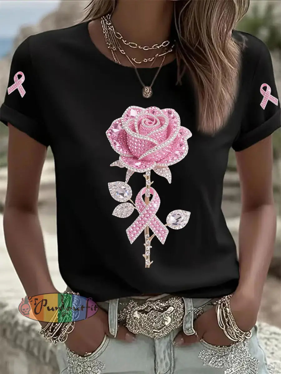 Women’s Pink Floral Print Casual T shirt Black / S