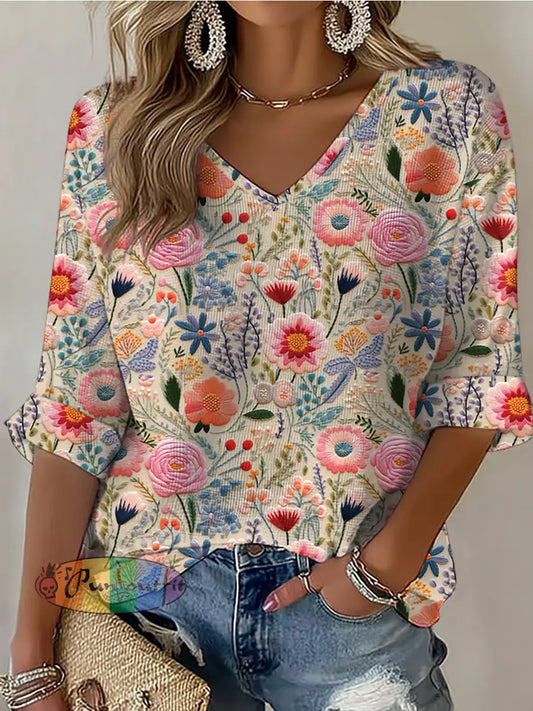 Women’s Pink Flowers Waffle T shirt As picture / S