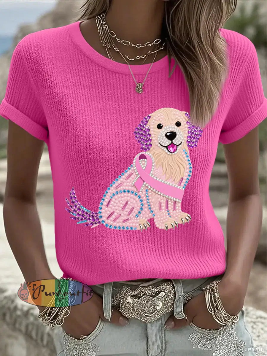 Women’s Pink Rhinestone Dog Pink Ribbon Print Breast Cancer Awareness Support Tee Rose Red / S