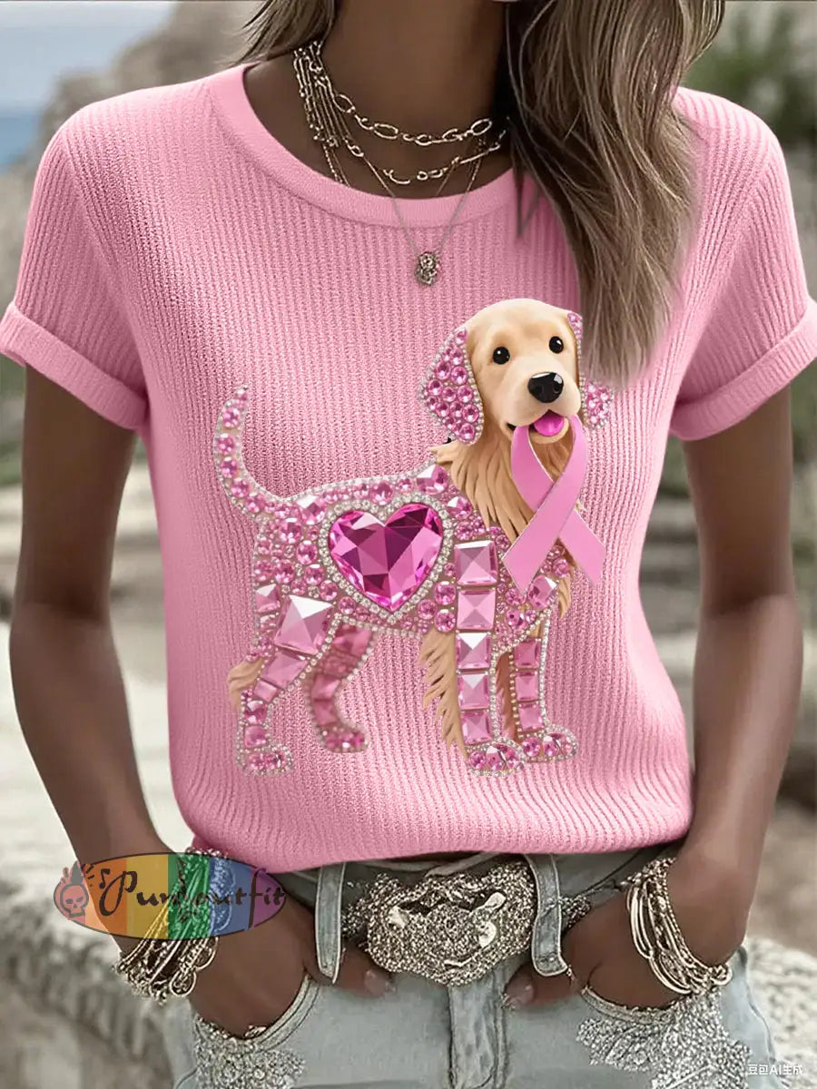 Women’s Pink Rhinestone Dog Pink Ribbon Print Breast Cancer Awareness Support Tee Pink / S