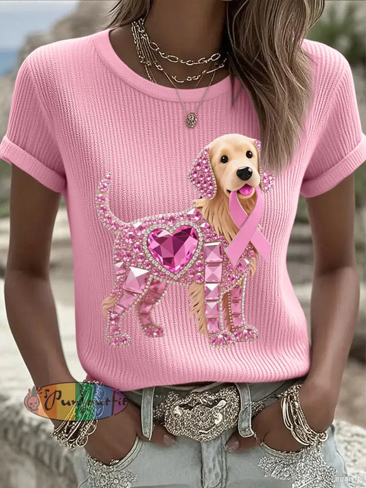 Women’s Pink Rhinestone Dog Pink Ribbon Print Breast Cancer Awareness Support Tee Pink / S