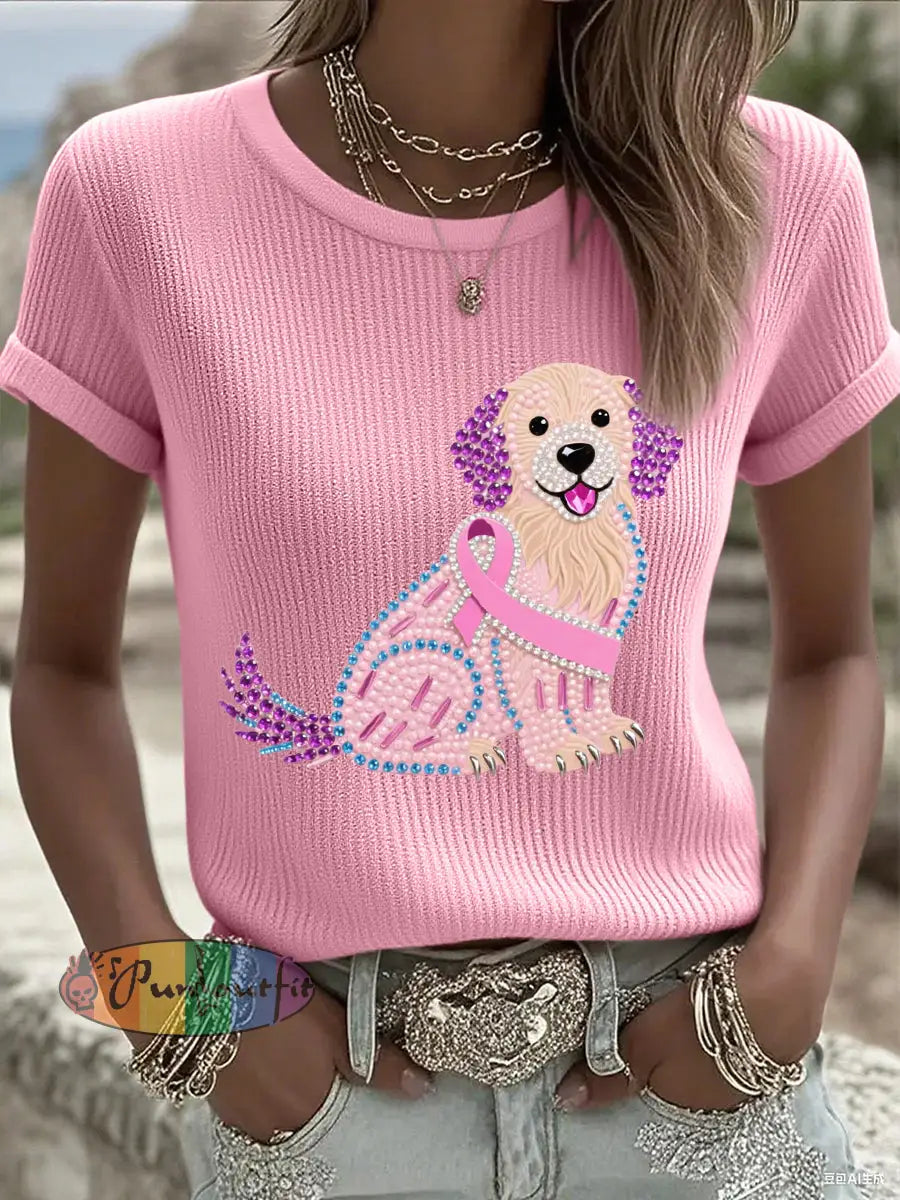 Women’s Pink Rhinestone Dog Pink Ribbon Print Breast Cancer Awareness Support Tee Pink / S