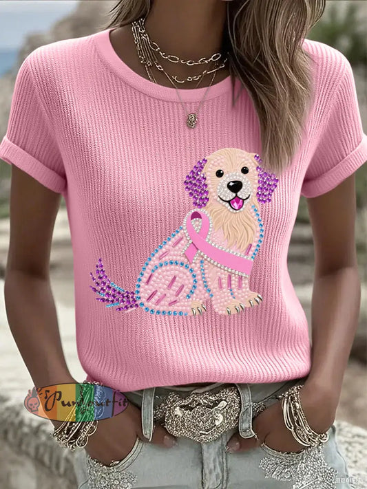 Women’s Pink Rhinestone Dog Pink Ribbon Print Breast Cancer Awareness Support Tee Pink / S