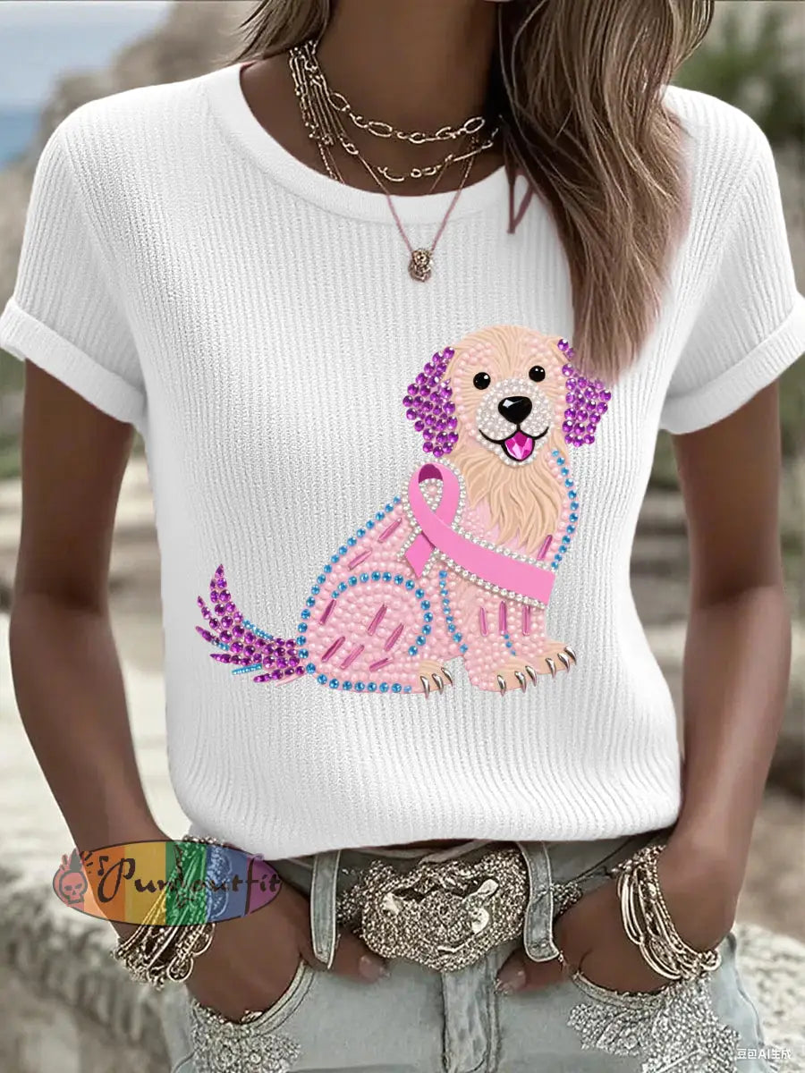 Women’s Pink Rhinestone Dog Pink Ribbon Print Breast Cancer Awareness Support Tee White / S