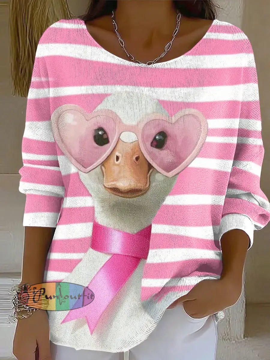 Women’s Pink Ribbon Animals Print Round Neck Ribbed Top As picture / S