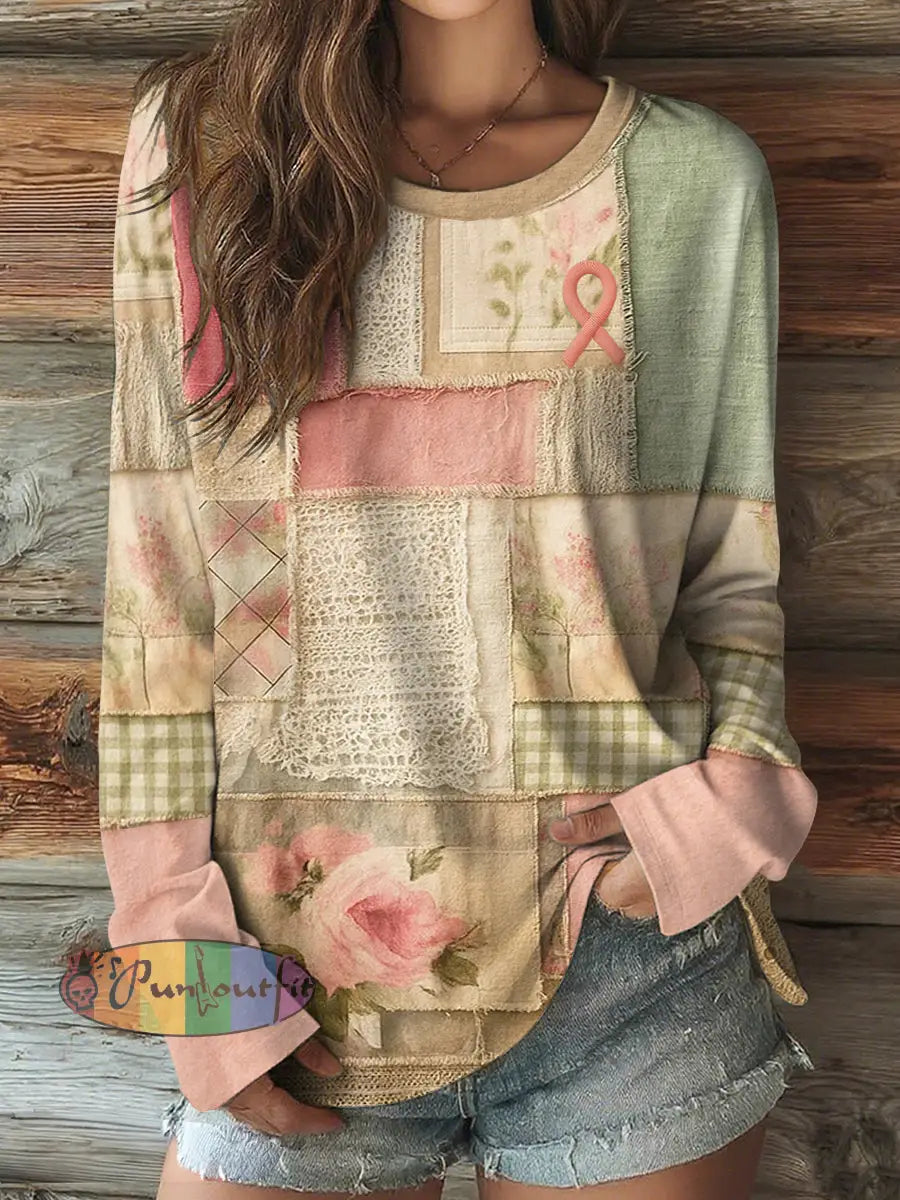 Women’s Pink Ribbon Floral Patchwork round neck long sleeve T shirt As picture / S