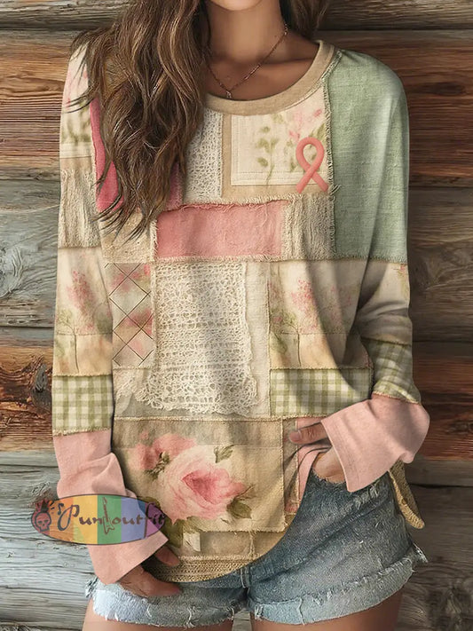 Women’s Pink Ribbon Floral Patchwork round neck long sleeve T shirt As picture / S