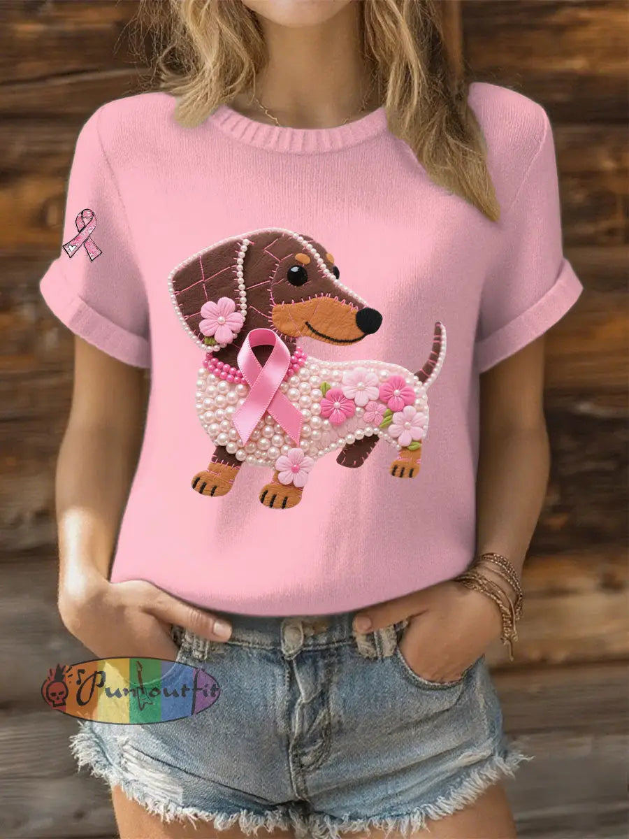Women’s Pink Ribbon Pearl Dog Print Casual T shirt Light Pink / S