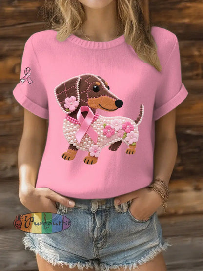 Women’s Pink Ribbon Pearl Dog Print Casual T shirt Pink / S