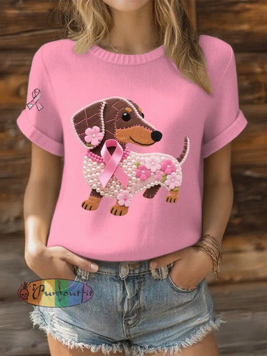 Women’s Pink Ribbon Pearl Dog Print Casual T shirt Pink / S