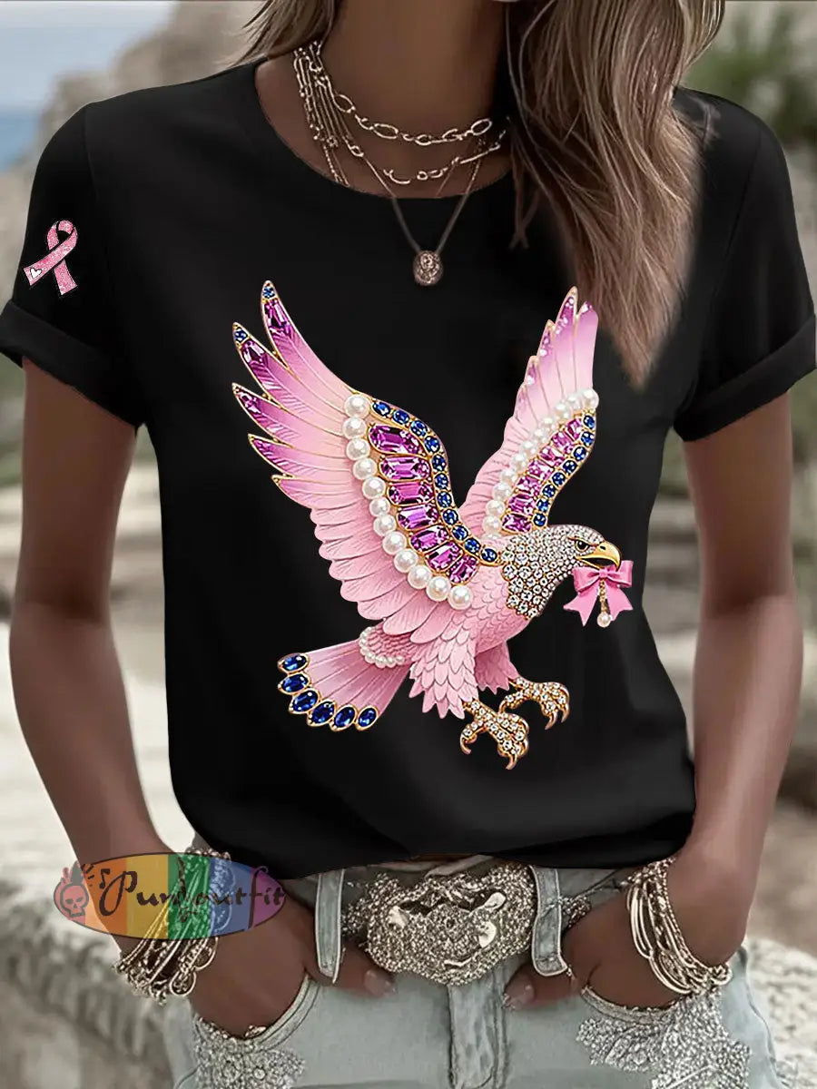 Women’s Pink Ribbon Print Casual T shirt Black / S