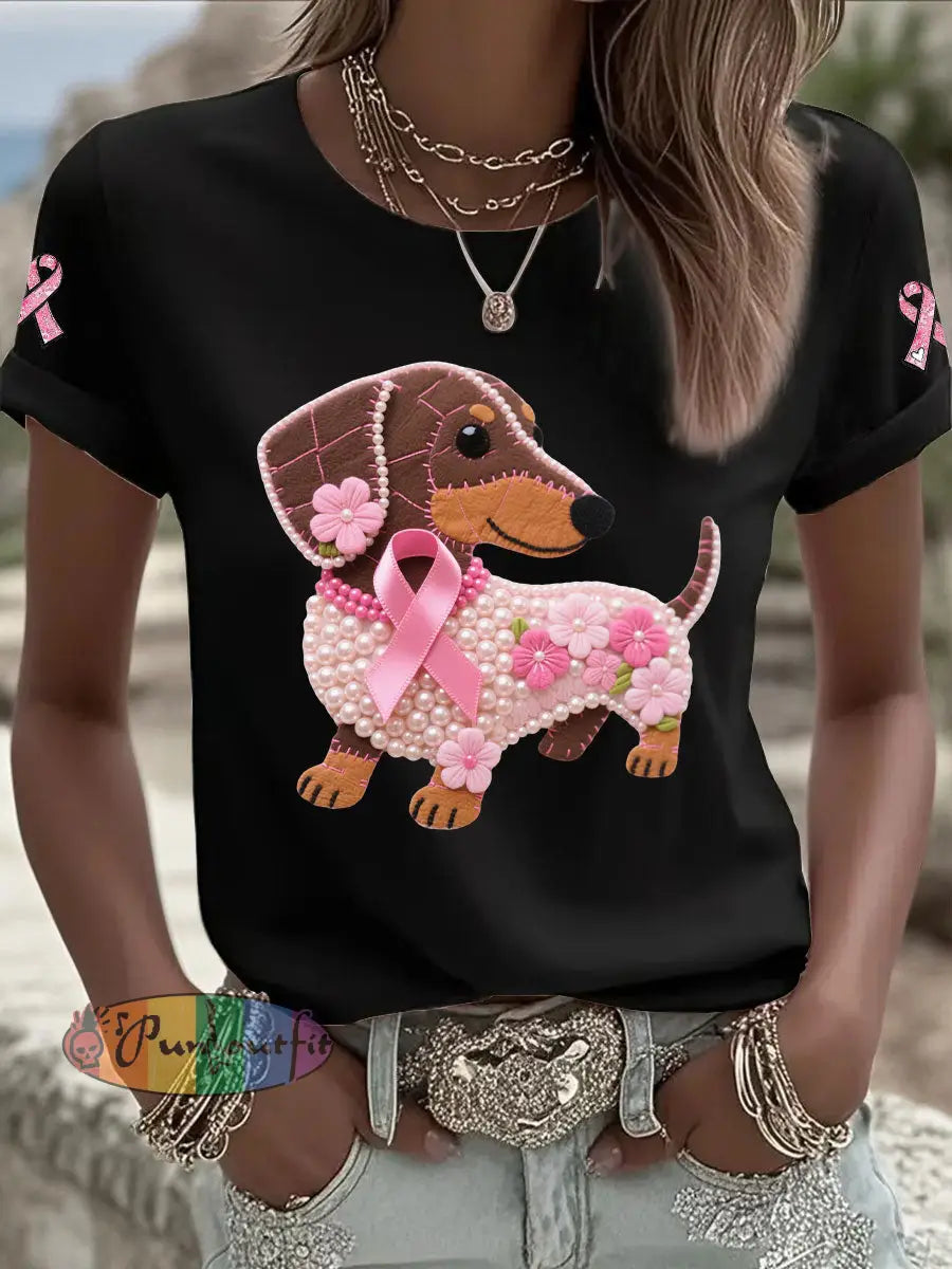 Women’s Pink Ribbon Print Casual T shirt Black / S