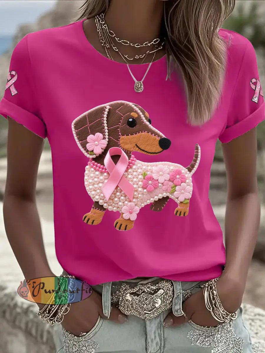 Women’s Pink Ribbon Print Casual T shirt Rose Red / S